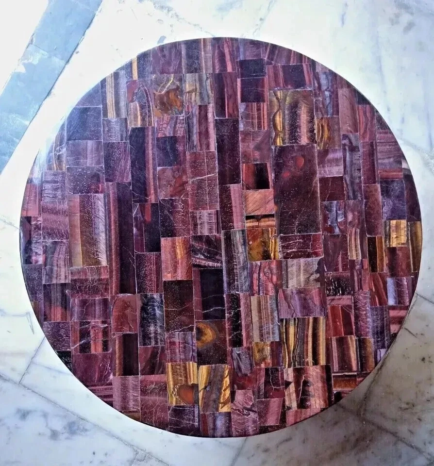 24" Luxury Round Handmade Tiger Eye Stone Side Center Coffee Table Top Home Dec - Image 3 of 4