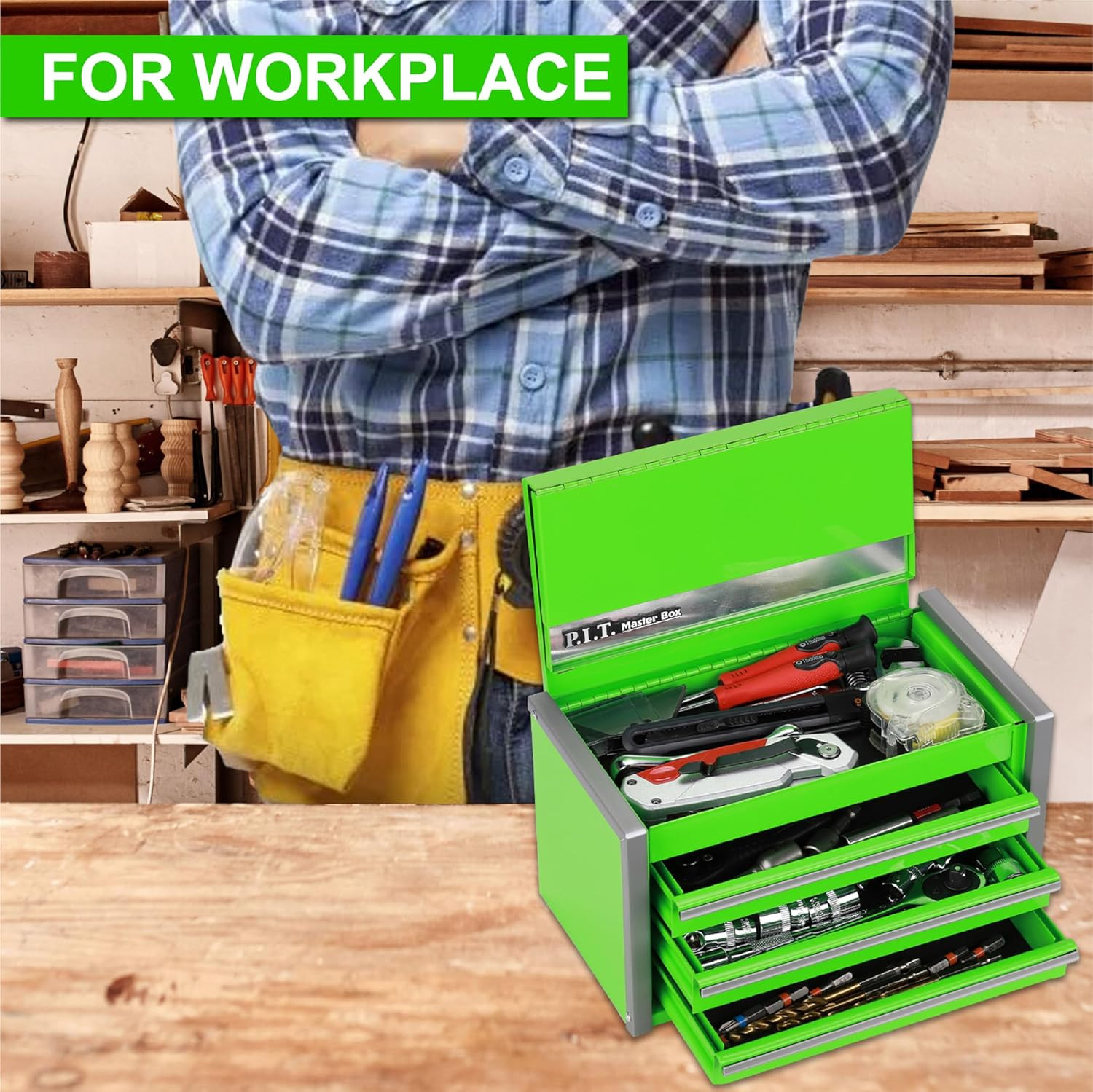 P.I.T. Mini Green Tool Box, Portable 3 Drawer Steel Stackable Tool Box with Magn