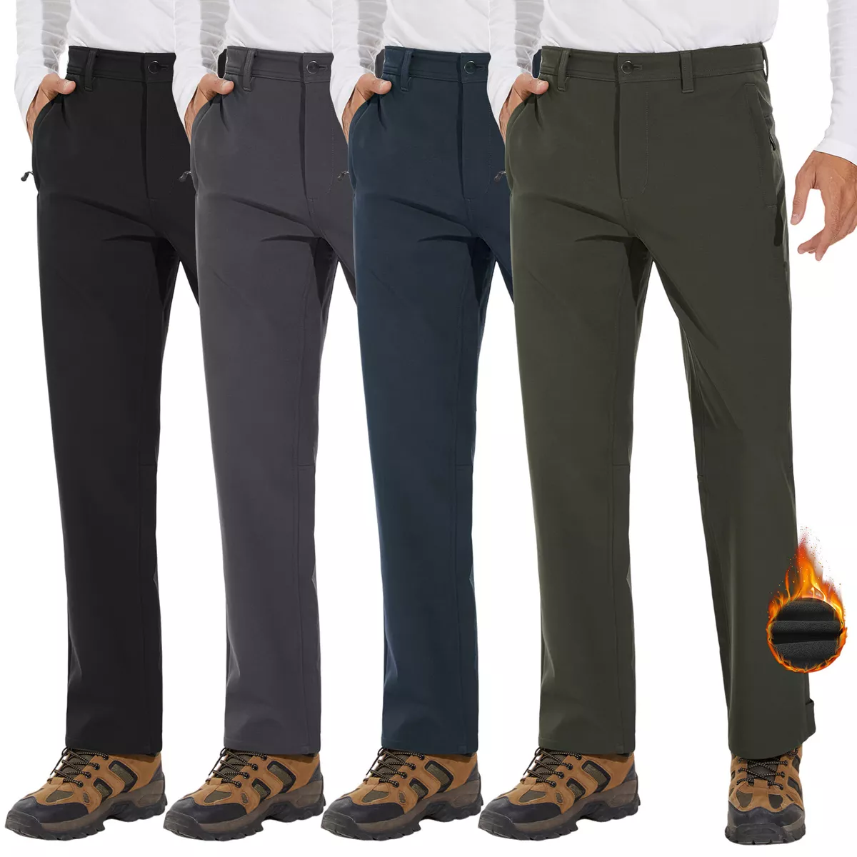 Men's Fleece Lined Pants Waterproof Softshell Thermal Zip Pockets Ski  Trousers