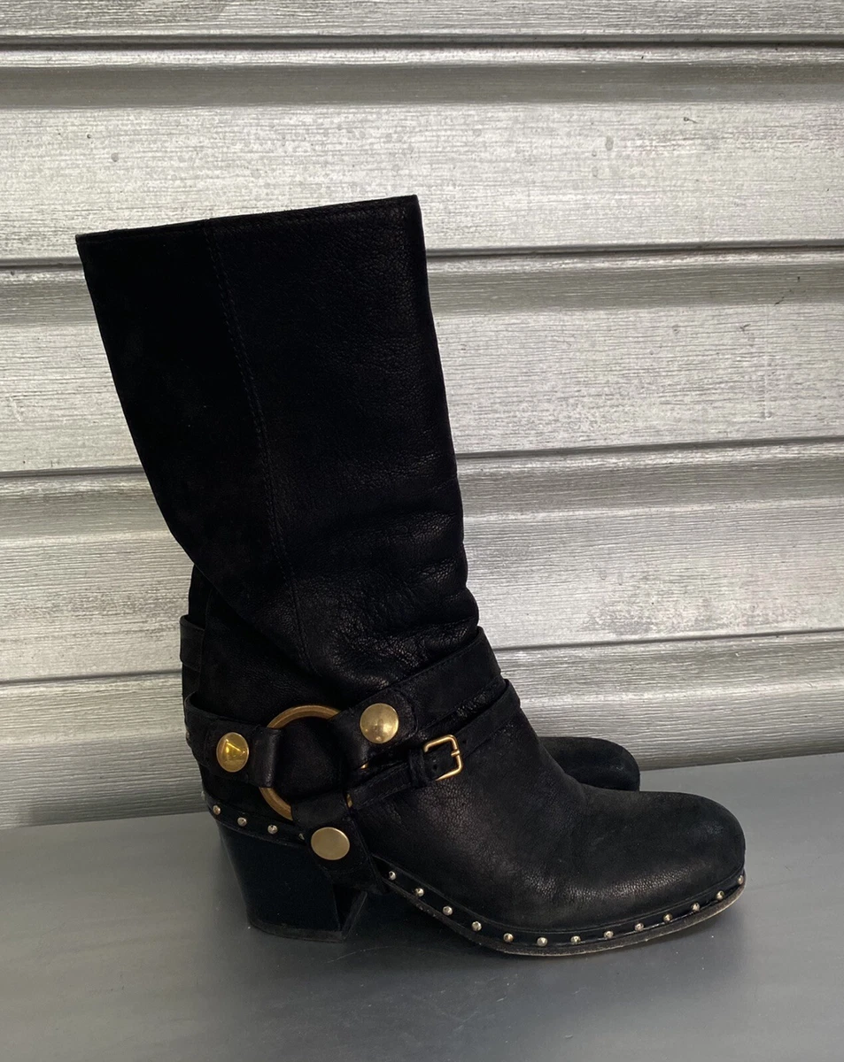 MIU MIU Black Distressed Leather Studded Grommet Buckle Moto Boots