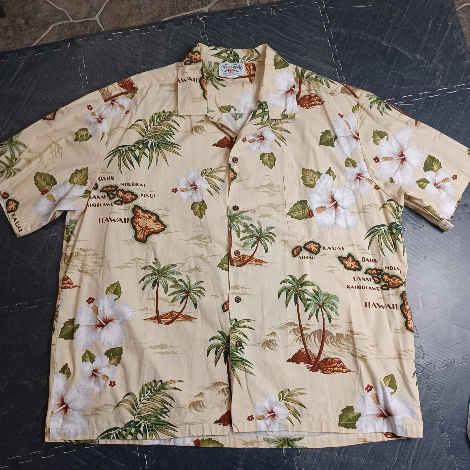Pacific Legend Hawaii Shirt Size 3XL Button Up Hibiscus Map Of Islands Hawaiian