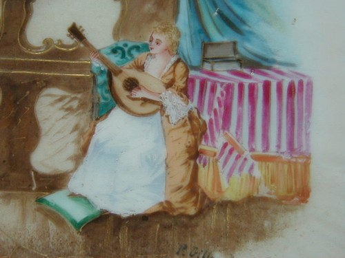 OLD HAND PAINTED ARTIST SIGNED PLATE, WOMAN PLAYING LUTE, VERY NICE !!! - Picture 3 of 4