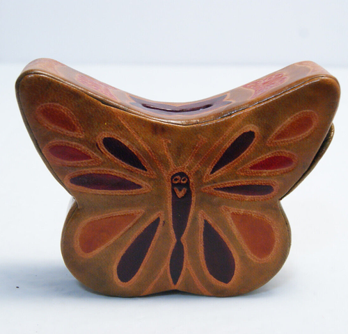 Leather Butterfly Shaped Coin Bank Piggy Bank Money Box Embossed w/ Snap Closure - Picture 2 of 8