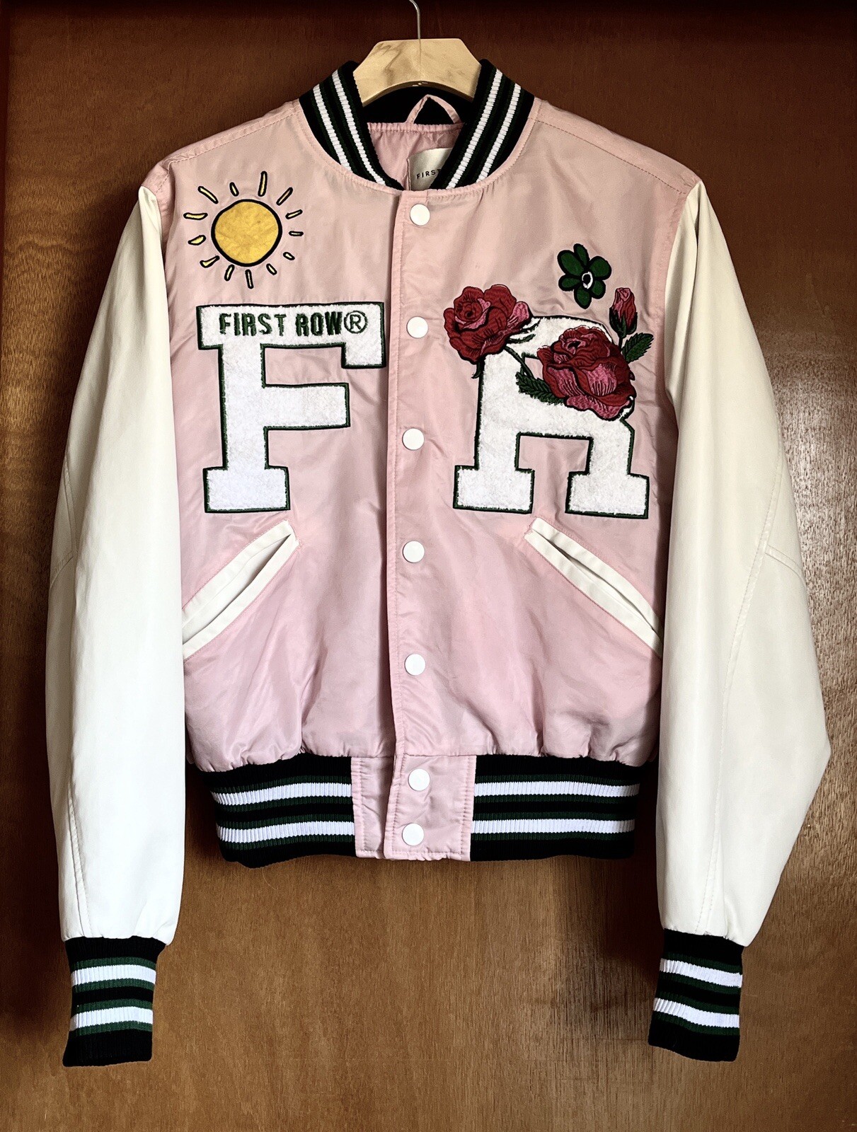 PRIMA FILA anni 90 retrò rosa Varsity bomber giacca uomo XS donna S M? Unisex Y2K