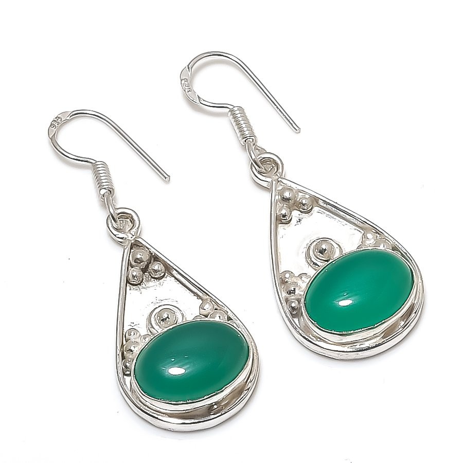Orecchini A Goccia In Onice Verde E Argento: Fatto A Mano, Design Etnico, Ipoallergenici - 3