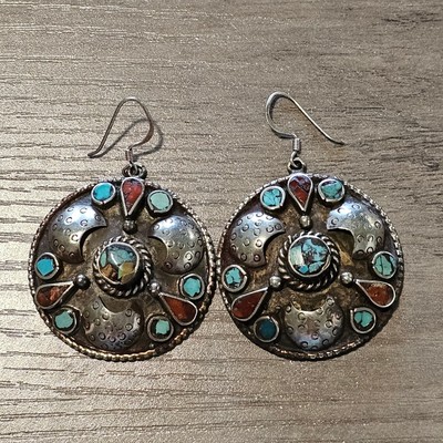 Vintage Tibetan Silver Round Earrings with Coral & Turquoise