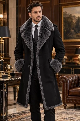 Men's Black Wool Coat Gray Fur Collar Cuffs Long Winter Gothic Formal Overcoat - product listing photo