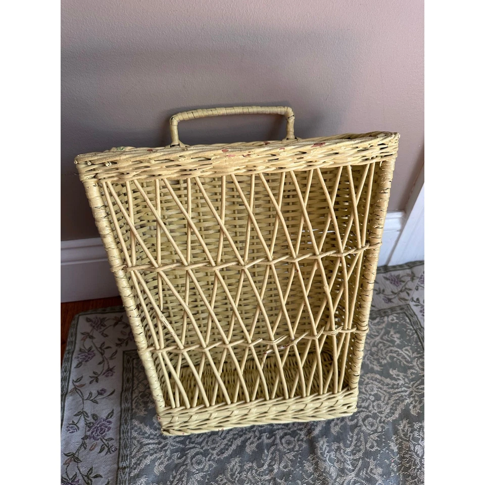Vintage wicker wall hanging basket magazine organizer rattan yellow bohemian  - Image 4 of 4