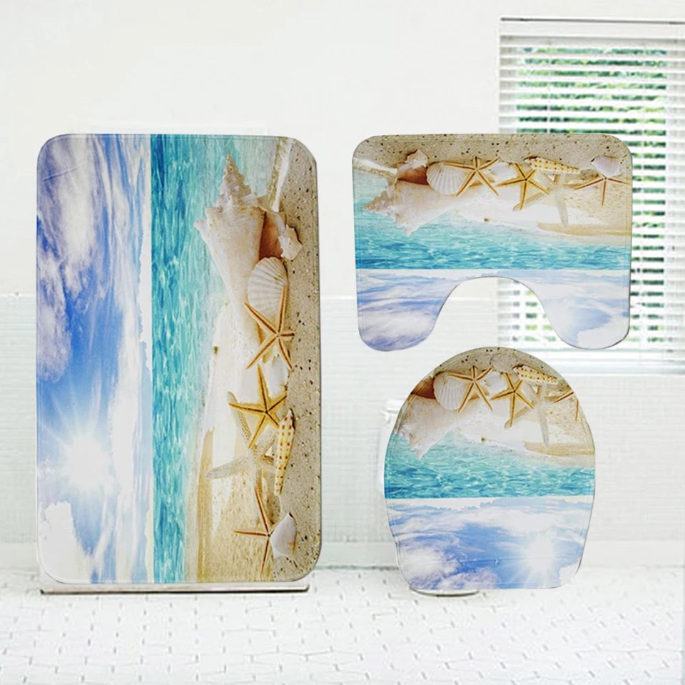 3 in 1 Sky Beach Seashell Muster Bad Mat Set Rutschfeste Waschraum Teppich Mat - Bild 4 von 4