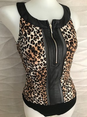 NEW Bebe Black Leopard Print Mesh Zip Front Bodysuit Sexy  Top XS S 0 2 4