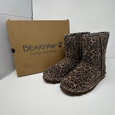 Bearpaw Elle Exotic 2776Y Girls 4 M Boots Brown Black Leopard Wool Lined Winter