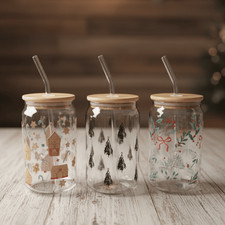 Luxury 3-Piece Glass Cup Set with Bamboo Lid & Straw for Cold Drinks - 480ml