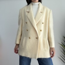Vintage Fuzzy Mohair Coat Womens M/L Cream Double Breasted Military USA Made 80s