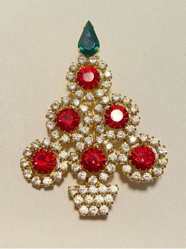 Vintage Christmas Tree Brooch Pin - All Prong Set Rhinestones Signed Lysa  Mint