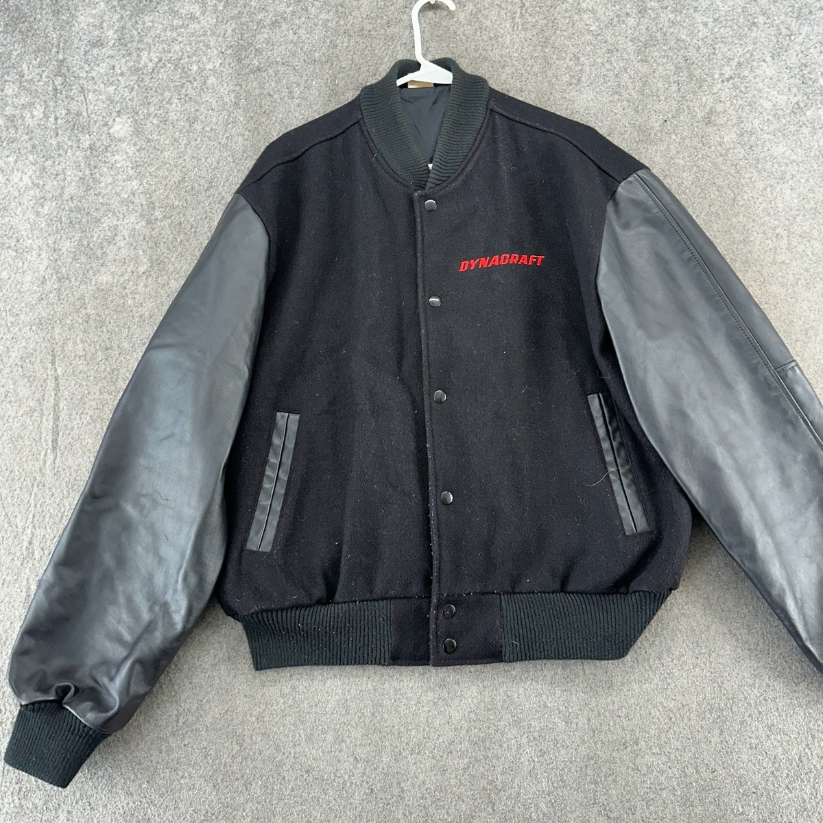 VTG Dynacraft Motor Racing Jackets Mens 2XL Black Leather Wool Bomber Coat 90s View 2