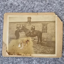 Vintage 1900s Photo Children on Horseback Man Rural Farm Scene Sepia Original
