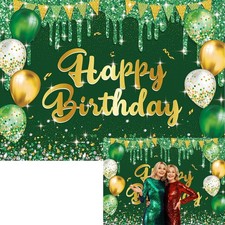 BINQOO Green Gold Birthday Backdrop 7x5ft Gold Happy Birthday Photography Backgr
