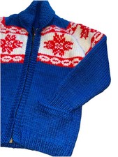 Vtg 60s 70s Cowichan Wool Red Blue Snowflake Sweater Full Talon Zip XS 36 Chest