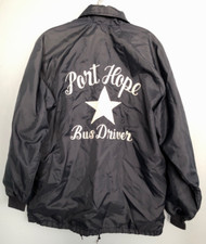 Vintage Port Hope, MI Bus Driver Jacket White Embroidered Blue Stars Snap Up