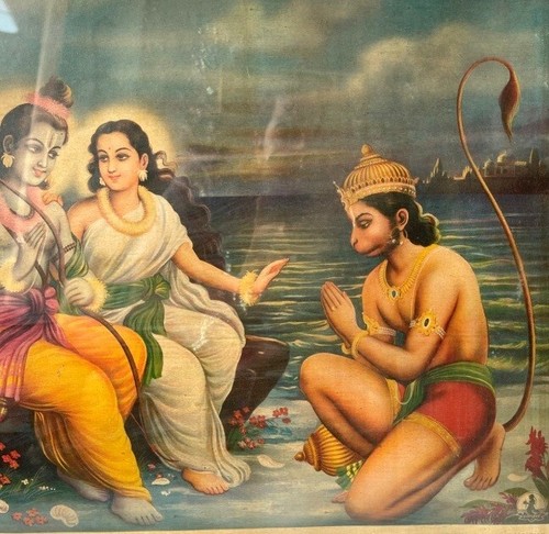 Vintage Old Hindu Ramayan Deities Ram Sita Laxman & Hanuman Litho Print Frame - Picture 4 of 9