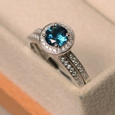 London blue topaz ring set 2 pcs Round cut Stone Halo Ring 92.5 Sterling silver