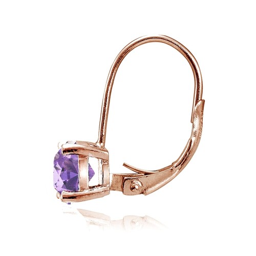 Rose Gold Flash Sterling Silver Simulated Amethyst 6mm Round Leverback Earrings - Picture 2 of 4