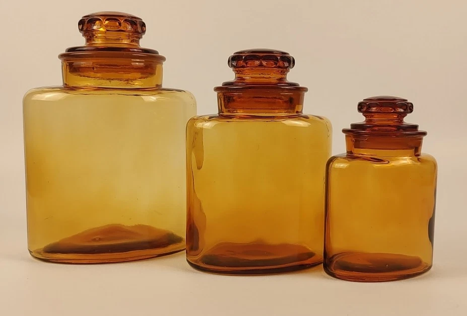 3 Pc Takahashi Style Amber Glass Canister Set Apothecary Jar Lid Narrow Oval Vtg