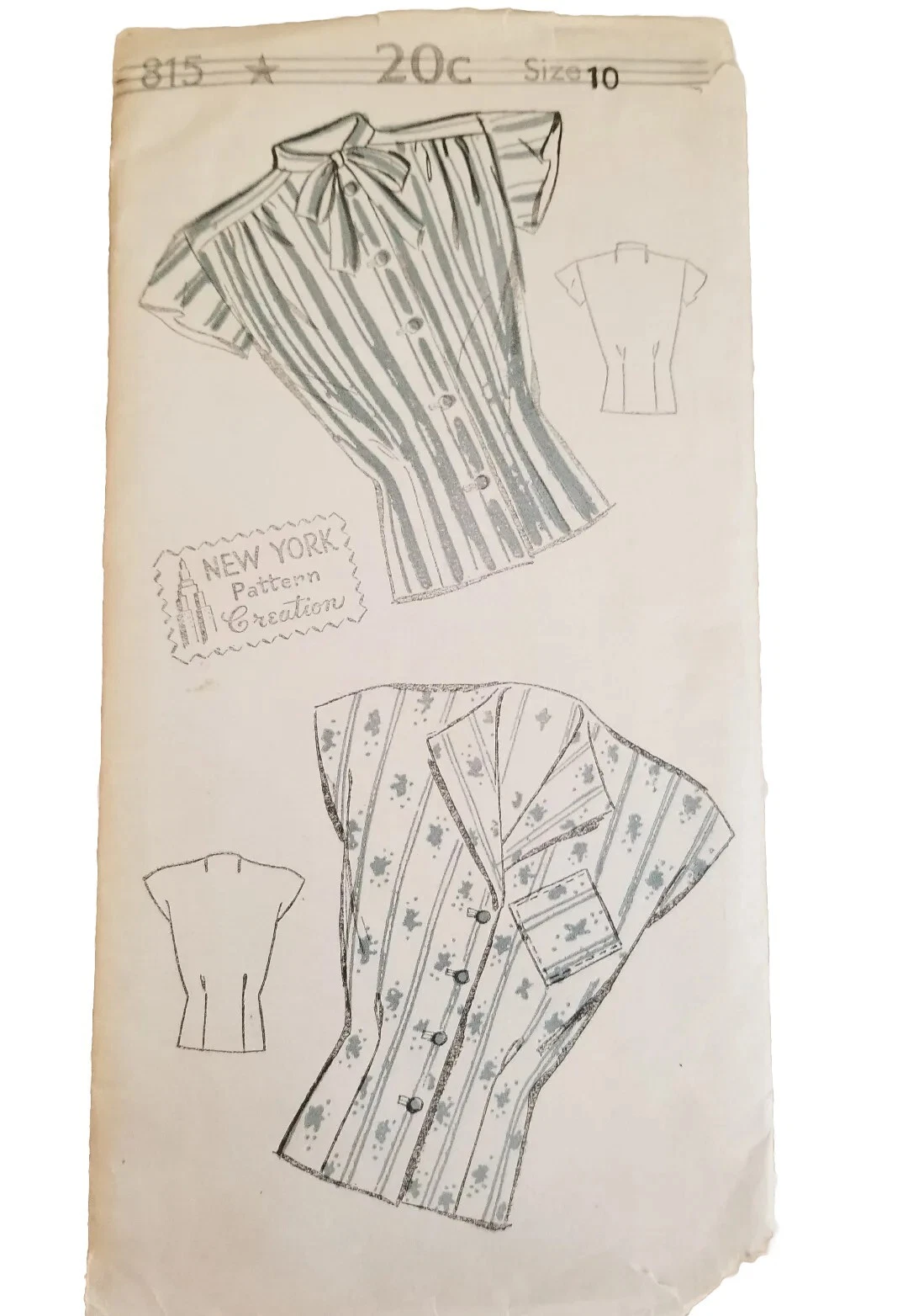40s 50s Vintage New York blouse sewing pattern 815 Size 10