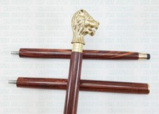 Golden Finish Lion Head Handle Brown Wooden Walking Stick Halloween Gift Cane