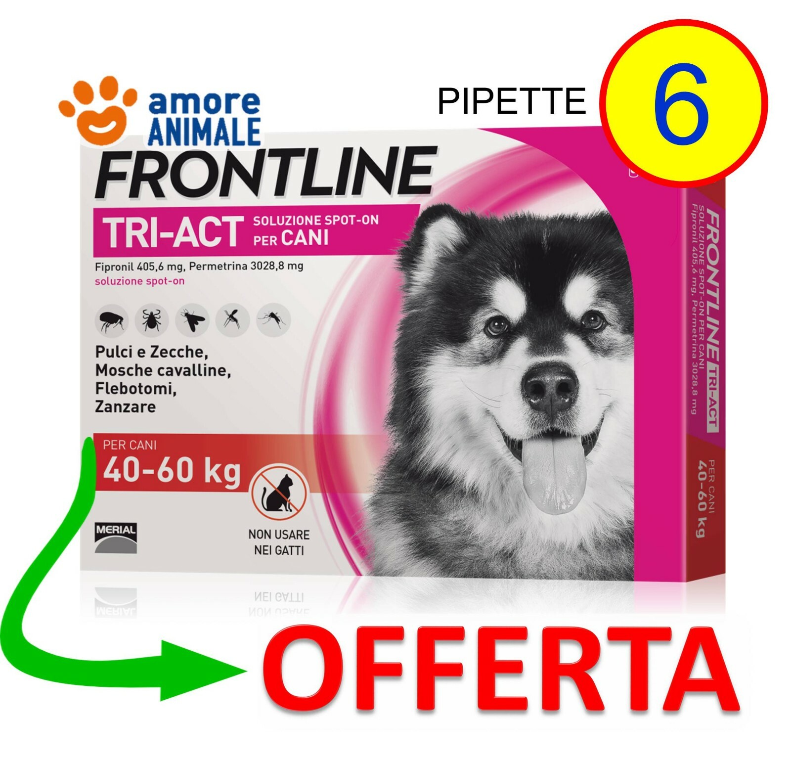 Antiparassitario Cani XL 40-60kg Frontline TRI-ACT 6 Pipette - Prevenzione