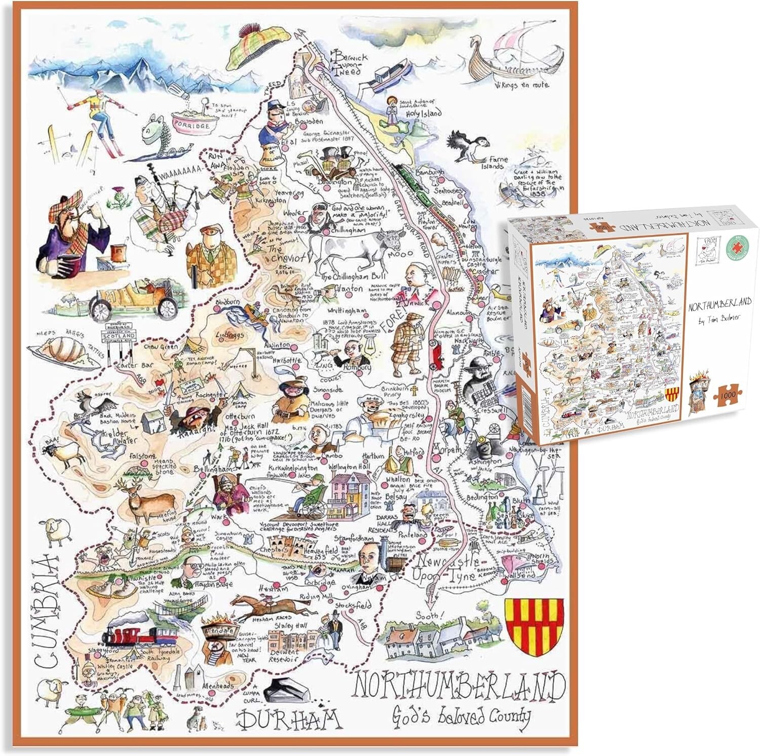 Comical Map of Northumberland 1000 Piece Jigsaw Puzzle For Adults By Tim Bulmer