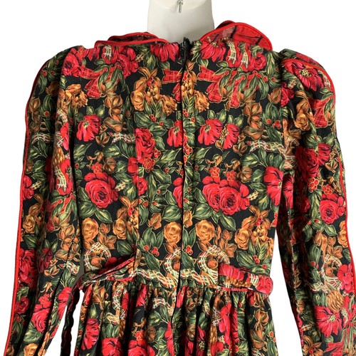 Vintage 90s Daisy Kingdom Girls Holiday Dress 8 Black Red Floral Plaid - Picture 8 of 8