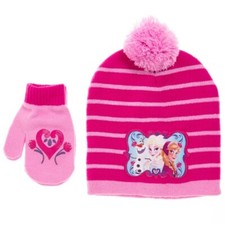 Disney Frozen Anna Elsa Olaf Girl Pink Striped Beanie Snow Winter Hat Mitten Set