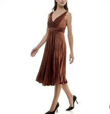 Maison Tara Brown Velvet Pleated Ruched A-Line Midi Dress Size 8 Sleeveless