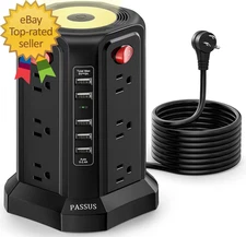 Surge Protector Power Strip Tower with 5 USB Ports and Night Light,10Ft Extensio