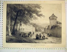 Original Old Antique Print French Buildings Stately Home People Dog