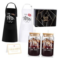 Mr Mrs Est 2025 Glass Cup and Apron Set,Couples Mr Mrs Apron Gift-2025