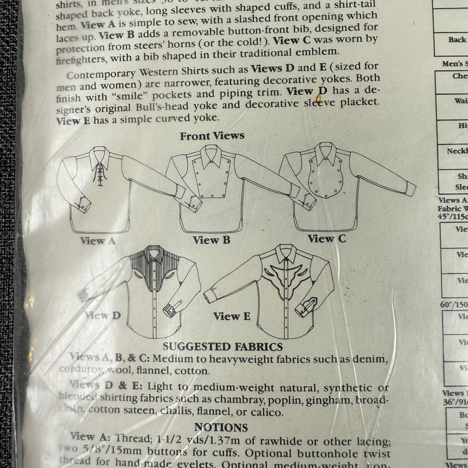 Folkwear # 212 Sewing Pattern Five Frontier Shirts Western Mens Women UNCUT - Image 3 of 4