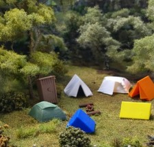 OO Gauge 3D Printed Campsite Accessories Set – 6 Tents, Toilet, Campfire & Bench