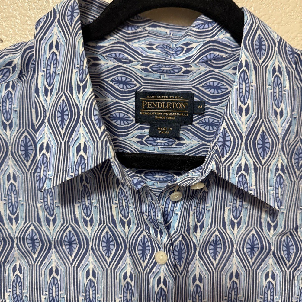 Pendleton Silk Cotton Blend Blue Patterned Button… - image 2