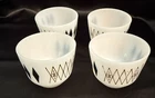 FIRE-KING MILK GLASS BOWLS Vintage Midcentury Black Gold Diamond Pattern Set of