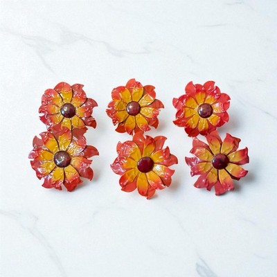 6 Pier One Imports Enamel Metal Napkin Rings 3'' Fall Poppy Flowers Thanksgiving 