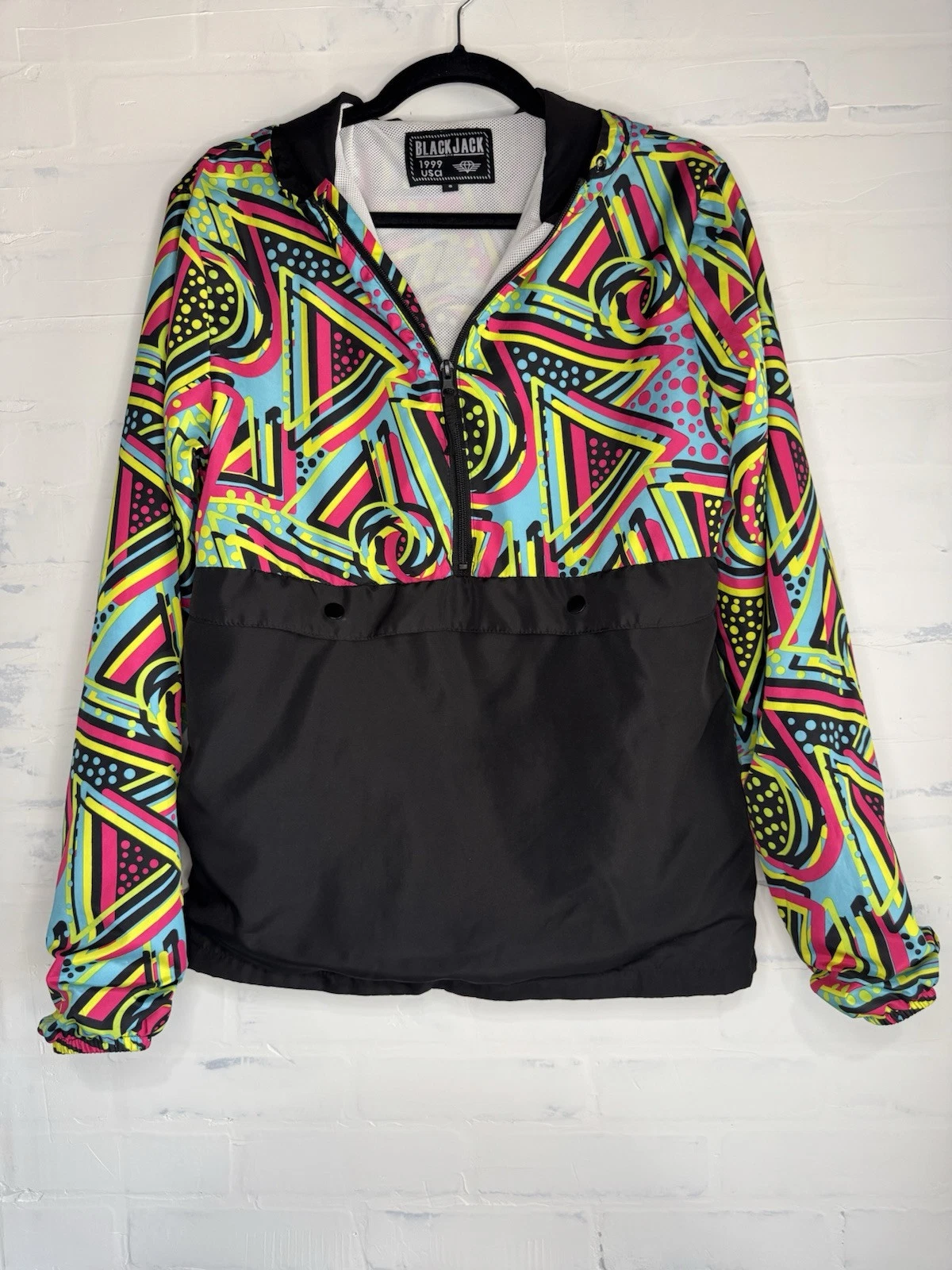 Black Jack 1999 USA Windbreaker Neon Geometric Pullover 1/4 Zip Jacket Size S