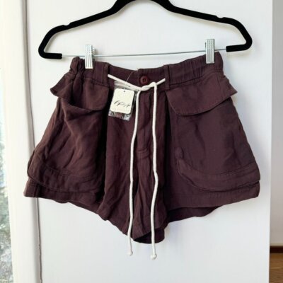 NWT Free People Off Shore Utility Shorts Drawstring Loose Baggy Brown Linen XS