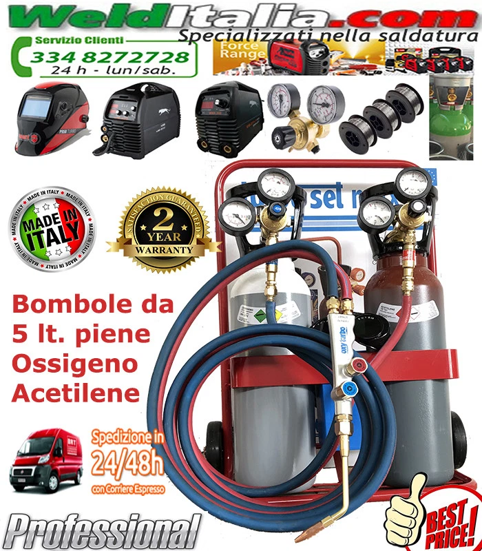 WELDITALIA BOMBOLE SALDATURA AUTOGENA KIT CANNELLO OSSIGENO ACETILENE 5 LT. CARRELLO PIENE