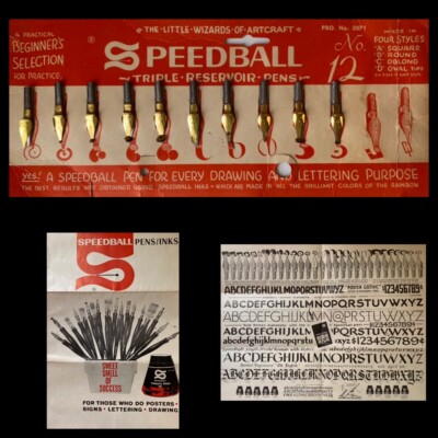 Vtg SPEEDBALL Triple Reservoir Pen Tip SET 10 Styles #12 Beginner BROCHURE CHART
