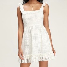 Lulus Make a Wish White Eyelet Ruffled Mini Dress MEDIUM