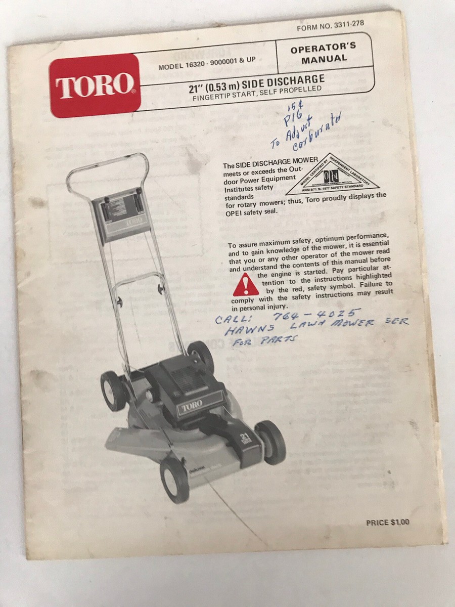 Toro Lawnmower Manual Model 16320 9000001 Up 21” Blade