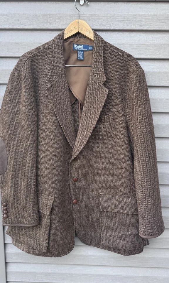 Chaqueta Polo Ralph Lauren De Colección Para Hombres 48L Tweed Cuero Espiga RRL Caza Foto 3 de 4