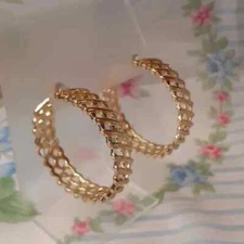 Gold Tone Cross Hatch Woven Pattern Hoop Pierced Earrings